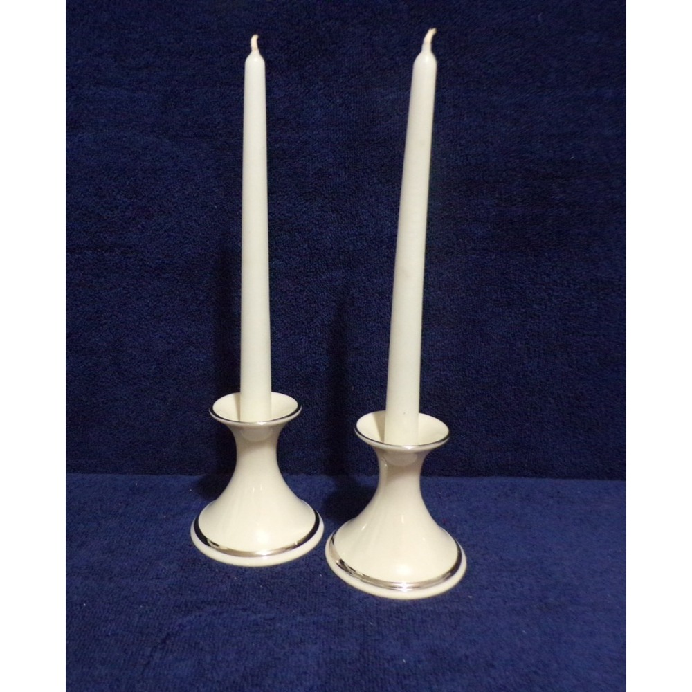 Lenox Cream Color w/Silver Trim Candle Holders Set of 2 USA Contemporary Design